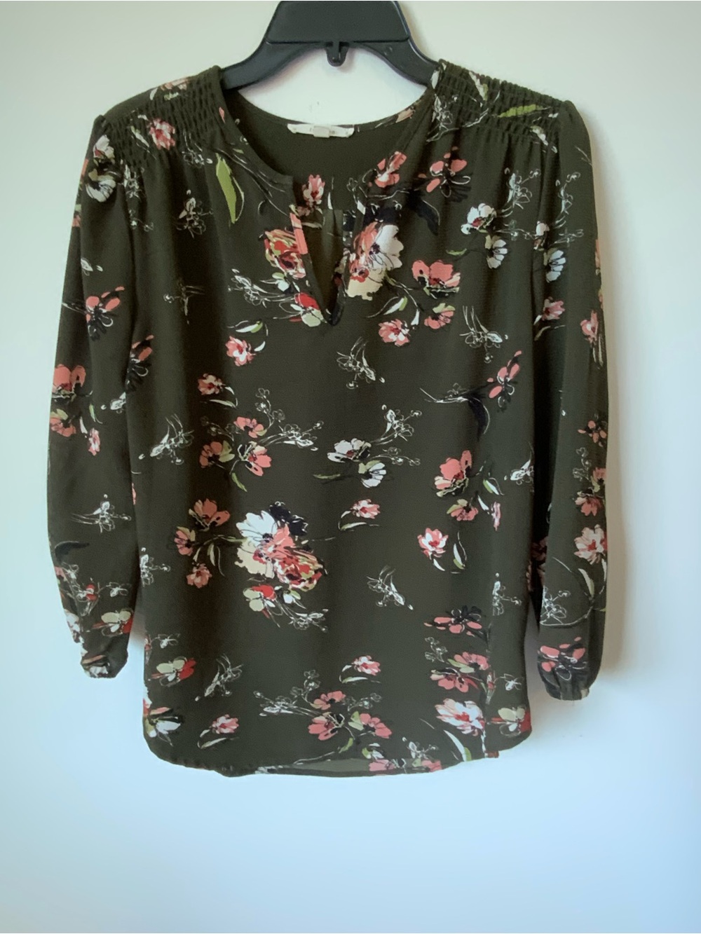 fun 2 fun Olive Green Floral Split neck Blouse
